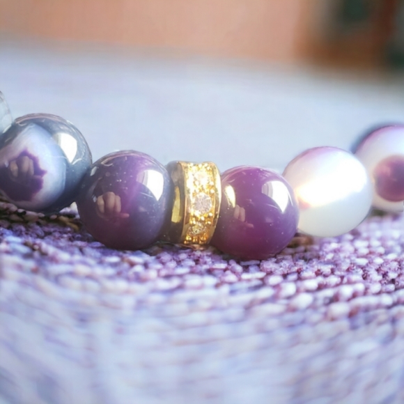 Purple Striped Agate Gemstone Handcrafted Bracelet with Gold CZ Accent - Picture 4 of 6